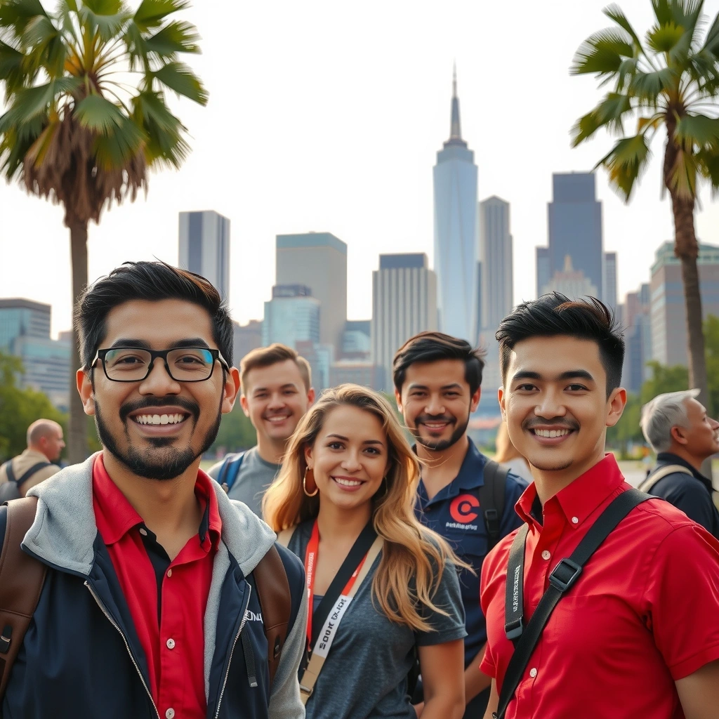 Команда профессиональных гидов Cognitive Routine с американскими достопримечательностями на фоне