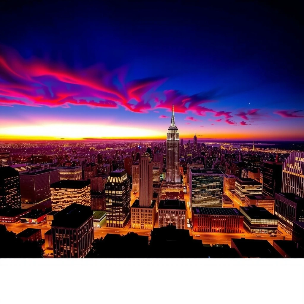 Панорамный вид американского мегаполиса с небоскребами на закате